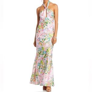 MONIQUE LHUILLIER Rose Satin Halter Gown